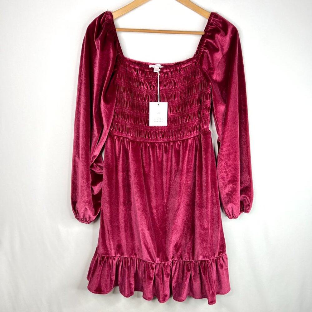 NWT LC Lauren Conrad Wine Chalet Smocked Velvet Dress XS - Picture 7 of 10